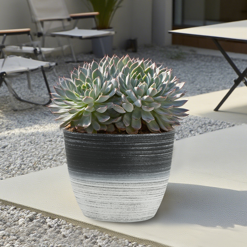 Runder sandgestrahlter Blumentopf mit zweifarbiger Strichzeichnung