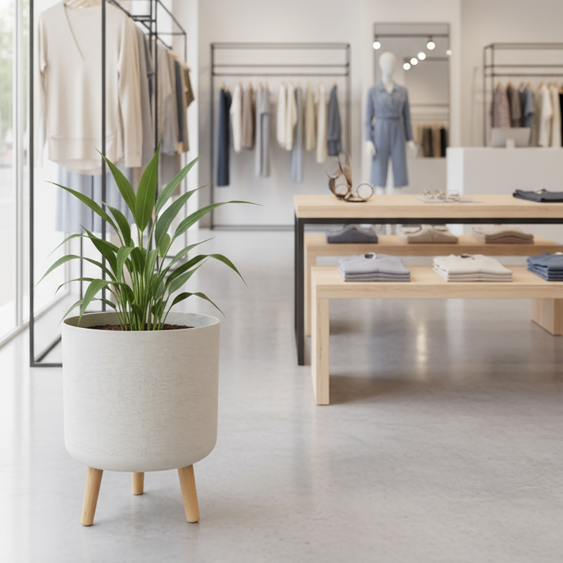 Vielseitiger, zylindrischer Übertopf in Gipsform mit Holzbeinen