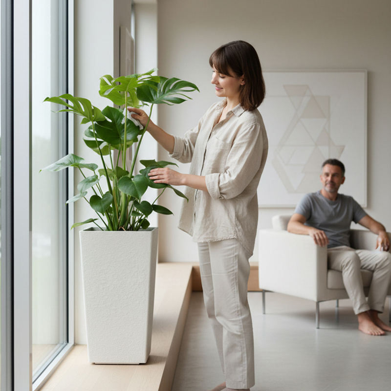 Moderner quadratischer, gipsähnlicher, strukturierter Blumentopf aus Kunststoff